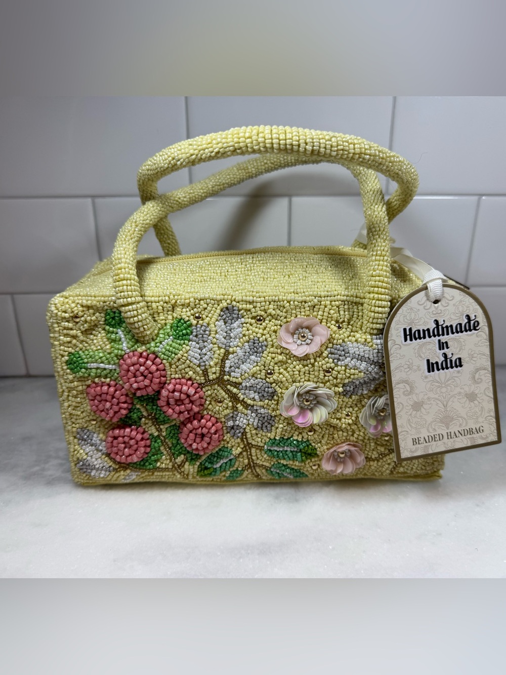 NEW RELEASE Made In India Floral Beaded Statement Handbag Butter Yellow NWT